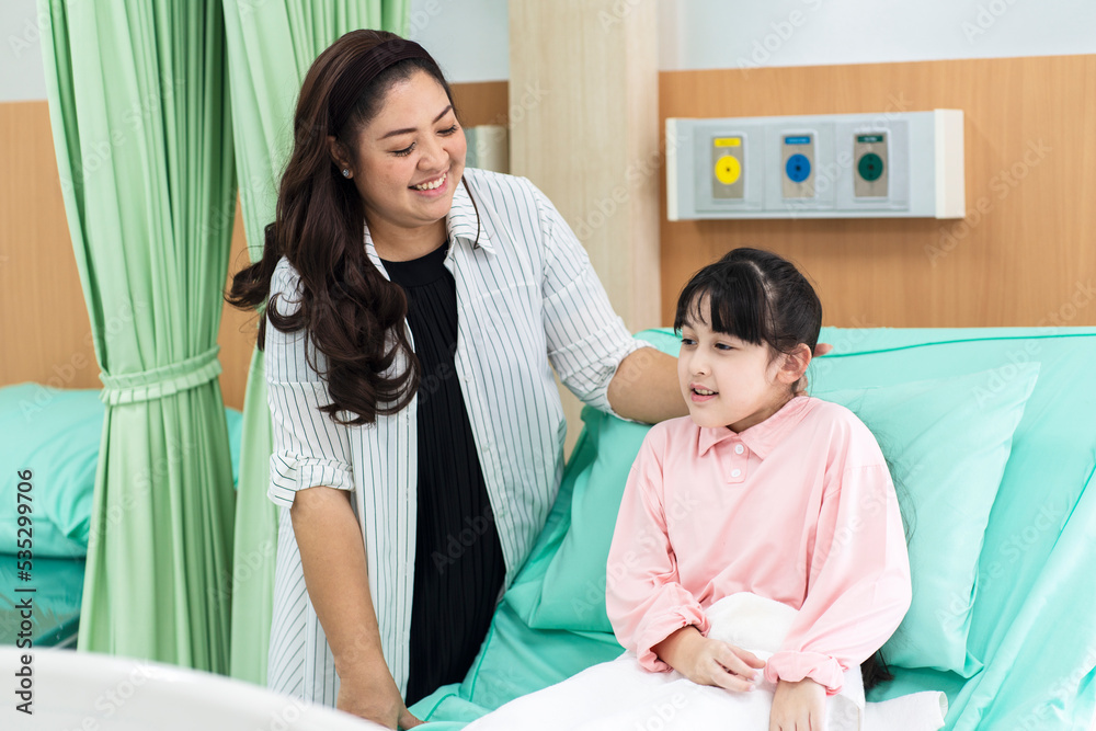 girl is sick in bed and her mother take care for her daughter in the hospital. girl is sick in bed and her mother take care for her daughter in the hospital.