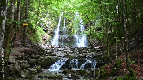 A mountain stream in front of a waterfall in a forest: Josefsthaler Wasserfälle, Bavaria