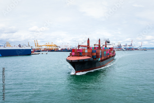 Container ship transporting cargo logistic to import export goods internationally around the world, including Asia Pacific and Europe, business and industry service of goods logistic transportation 