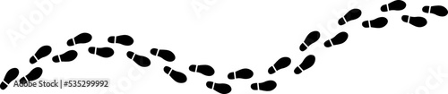 Black human footprint, tracking path on white background