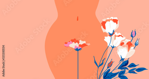 Women's health. Female hips. Bikini line. Abstract flowers. The topic of female intimate depilation and hygiene. Vector illustration. Place for text