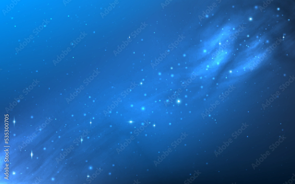 Universe background. Blue space wallpaper with shining stars. Magic milky way. Glowing starry clouds. Realistic starlight with sky gradient. Vector illustration