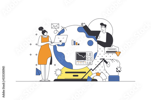 Global business strategy web concept in flat outline design with characters. Woman and man discuss expansion strategy on globe, marketing in international company, people scene. Vector illustration.