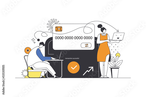 Money transfer web concept in flat outline design with characters. Woman and man customers paying for purchases in online service at website using credit card, people scene. Vector illustration.
