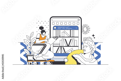 Online library web concept in flat outline design with characters. Woman reading e-books, stores books in cloud storage or device, buys books in online bookstore, people scene. Vector illustration.