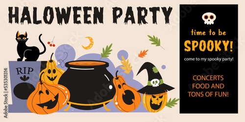 Happy Halloween vector poster, banner, invitation with orange scary and funny pumpkins.