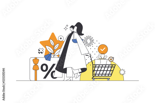 Shop loyalty program web concept in flat outline design with character. Woman receives discount card with cumulative bonuses and using her bonuses with purchase, people scene. Vector illustration.