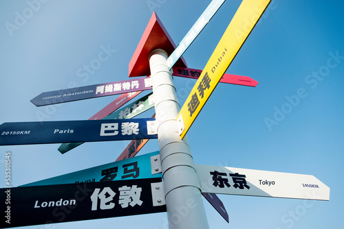Photography Postal code, direction of capital cities and their distance (London, Paris, Amsterdam, Tokyo, Dubai, Roma, New york, Beijing, Singapore, Berlin, Moscow) , written by english and chinese characters