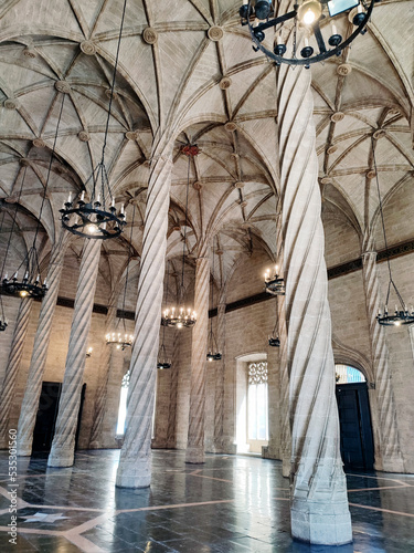 The Hall of Columns inside the Llotja de la Seda, Valencia, Spain.