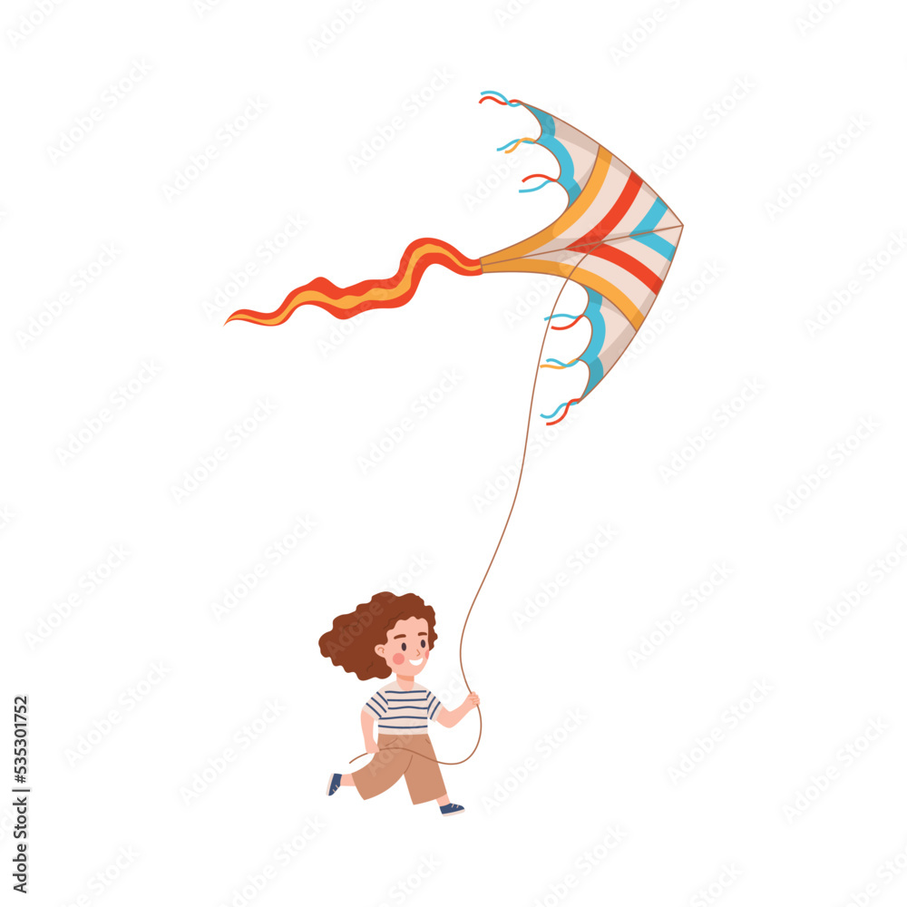 Curly little girl running with flying kite flat style, vector illustration Curly little girl running with flying kite flat style, vector illustration