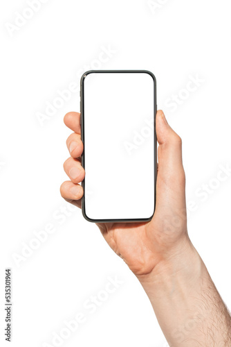 Man's hand with a phone on a white isolated background