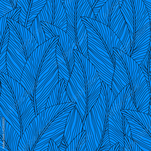 Hand drawn tropical leaf wallpaper on blue. Design for print  cover  banner  fabric and many more