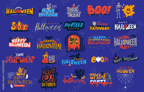 Set of Happy Halloween colored Lettering. Design elements silhouettes black icon and character Halloween lettering. Hand drawn vector, creepy and spooky elements for decorations, sketch, icon, sticker