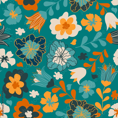 Meadow botanical seamless pattern, vector illustration for kids