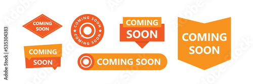 coming soon banner label. Promotional banner sign. New product release symbol. Paper label banner. Coming soon adhesive tags.