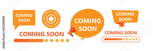 coming soon banner label. Promotional banner sign. New product release symbol. Paper label banner. Coming soon adhesive tags.