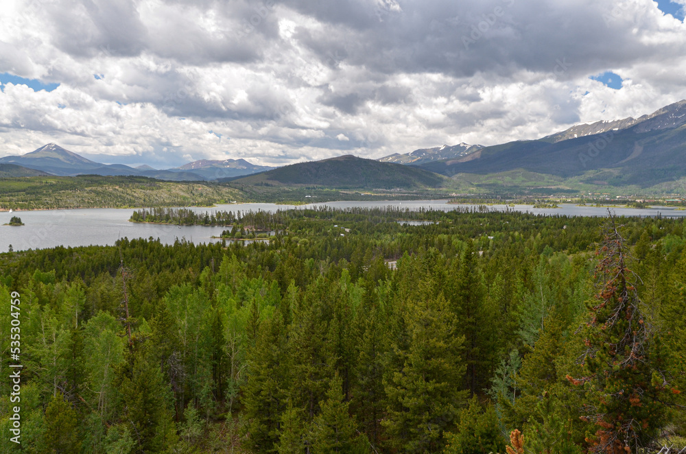 Dillon Reservoir and Frisco scenic view from Old Dillon Reservoir trail (Summit county, Colorado)