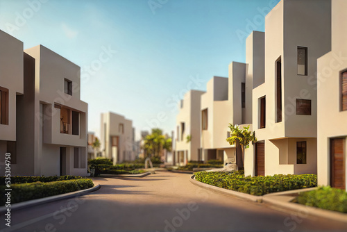modern contemporary style miniature painting illustration of generic building or residential neighborhood, mixed 3D with manual matte painting digital image