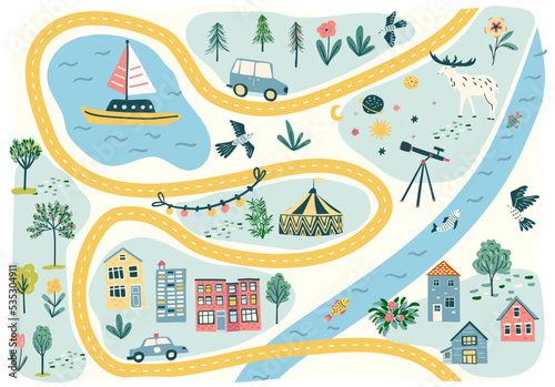 Little city vector cartoon illustration for children travel designs with cars, houses, circus tent, lake.