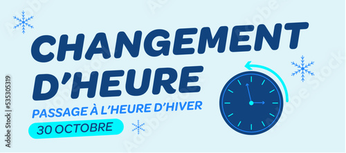 Changement d'heure, passage à l'heure d'hiver le 30 octobre. Bannière avec illustration vectorielle et horloge.