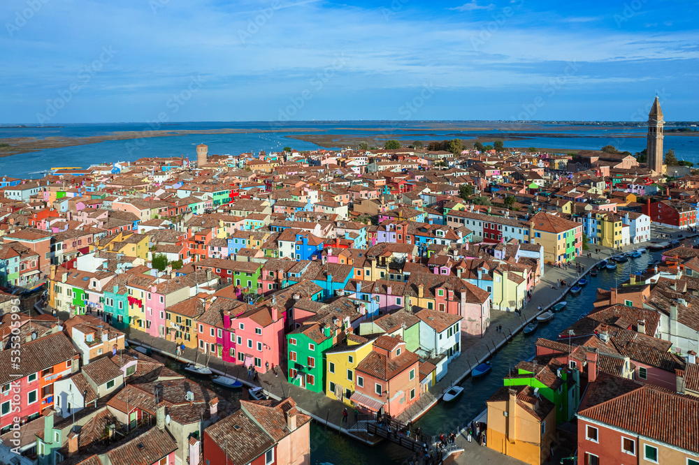 Aerial view of the island of Burano. Burano is one of the islands of Venice, famous for its colorful houses. Burano, Venice - October 2022