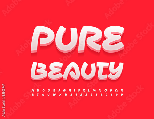 Vector bright logo Pure Beauty. Handwritten white Font. Trendy 3D Alphabet Letters and Numbers set