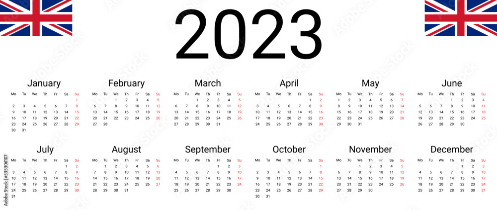 UK 2023 calendar. English Vector design template start from monday
