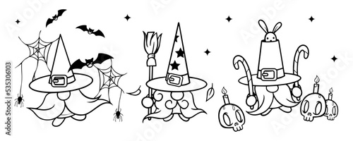 Halloween vector gnome in hat with candy, rabbit, bat, spider web, candle and beard. Set vector Holidays greeting card. Trick or treat. Isolated on white background. For flyers, invitations, cards.