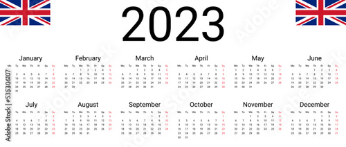 Obraz na płótnie UK 2023 calendar. English Vector design template start from monday w salonie