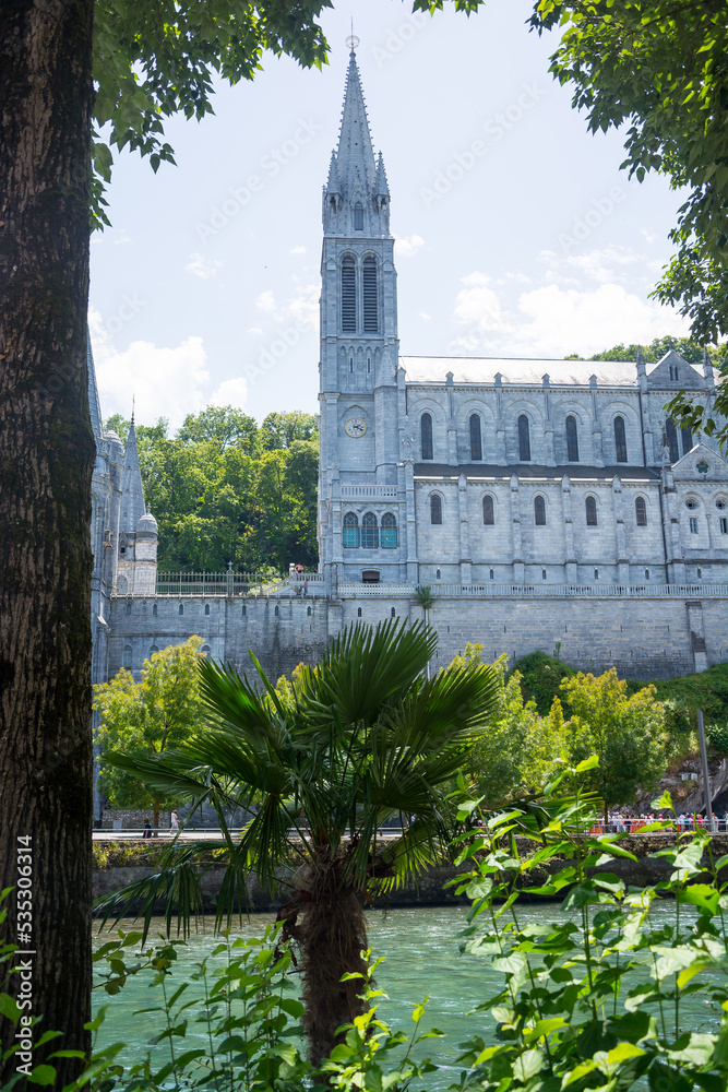 View of the chapel tower in Lourdes, France.