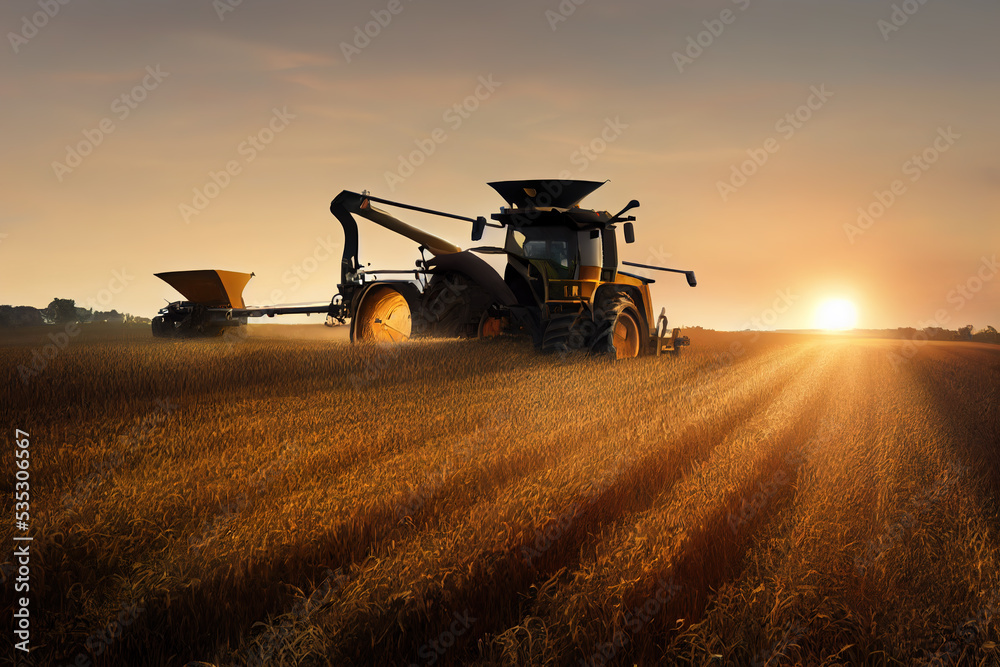 Fototapeta premium Tractor Working on Farm at Sunset Time, Modern Agricultural.