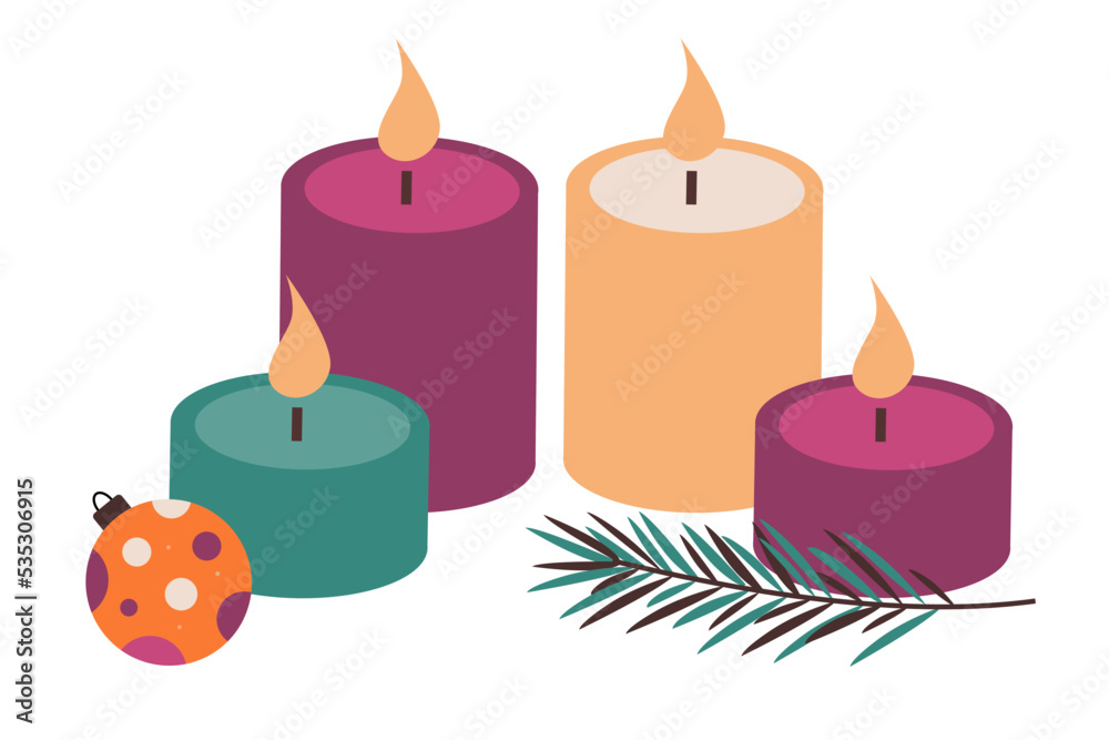 Colorful candle illustration with Christmas bubbles and Christmas branch Colorful candle illustration with Christmas bubbles and Christmas branch