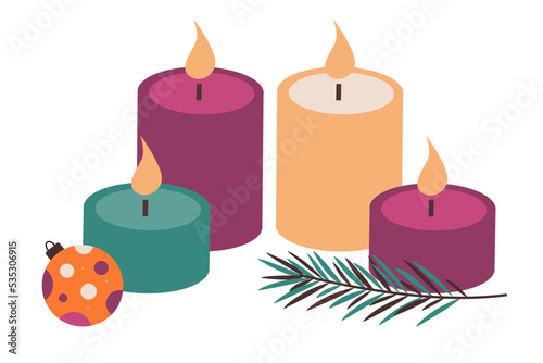 Colorful candle illustration with Christmas bubbles and Christmas branch