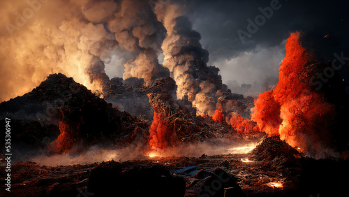 A large volcano erupting hot lava and gases into the atmosphere. Illustration.