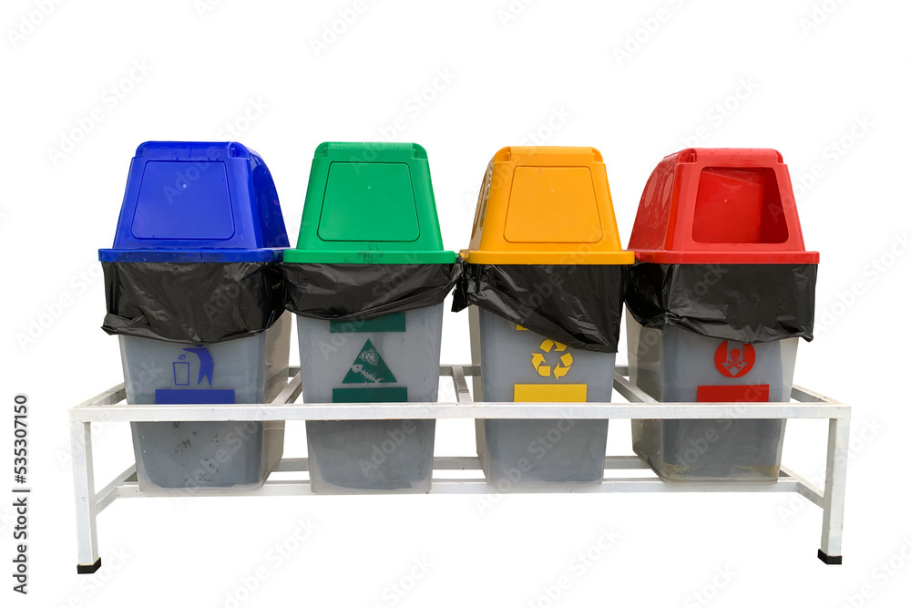 There are 4 types of waste bins for sorting waste blue bins for general , green bins for wet