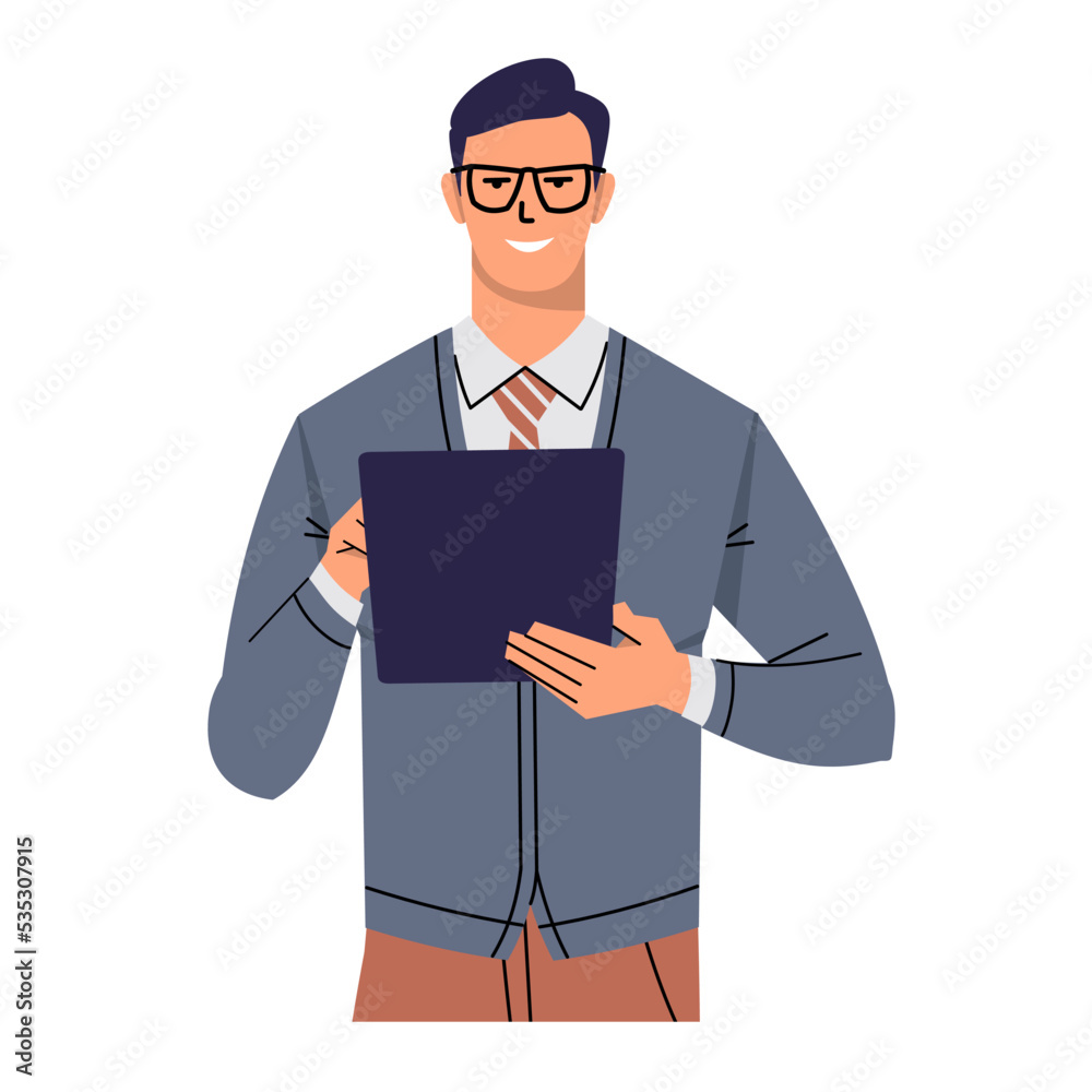 A businessman in glasses uses a tablet or a folder with documents. A smiling man in a tie is holding a device and touching the screen. Flat vector isolated on white background. A businessman in glasses uses a tablet or a folder with documents. A smiling man in a tie is holding a device and touching the screen. Flat vector isolated on white background.