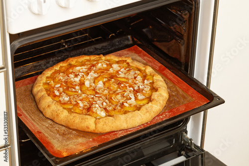 Closeup homemade plums pie baked in a home oven. Shallow focus.