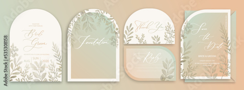 Luxury arch wedding invitation card background with green watercolor botanical leaves. Abstract floral art background vector design for wedding and vip cover template.