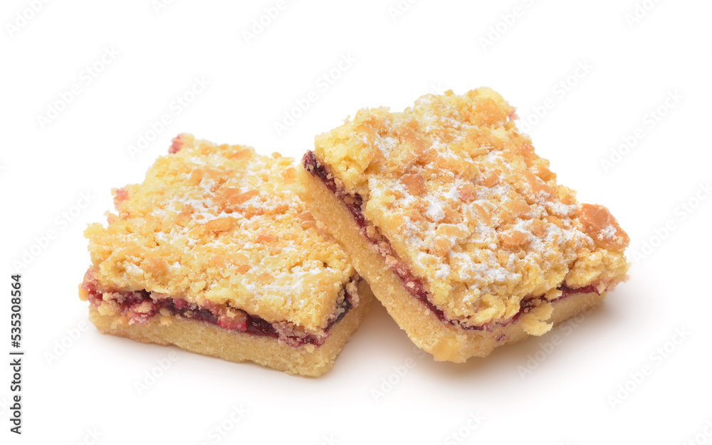 Two pieces of crumb cake with fruit jam Two pieces of crumb cake with fruit jam