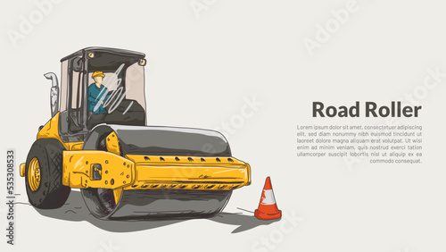 isolated road roller. heavy equipmet rough drawing with editable copy space vector illustration.