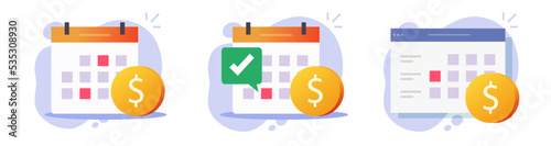 Salary payment money in calendar pay date vector icon, annuity monthly bill subscription, automatic recurring credit loan period, budget or investment payout agenda illustrated image