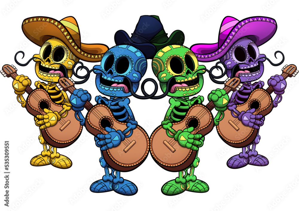 Colorful Day of the Dead skeletons. Vector clip art illustration with