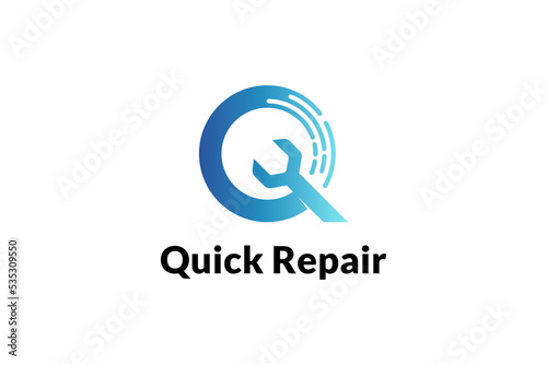 Quick repair logo with letter Q, wrench and fast motion shape concept
