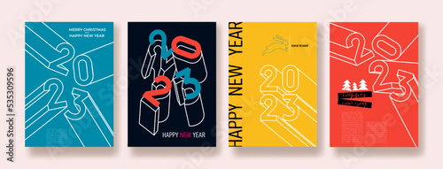 Set of logo Happy New Year posters. 2023 colorful abstract design typography 2023 for celebration and season decoration, backgrounds, branding, banner, cover, card. Vector social media template.