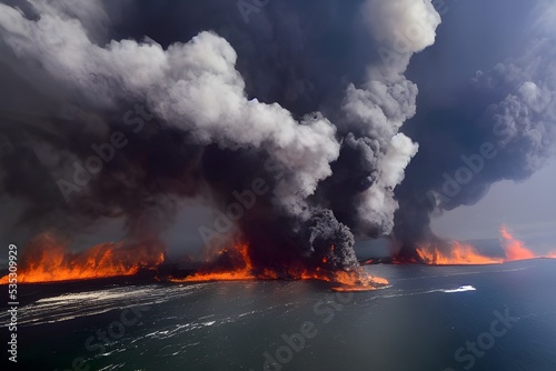 A huge oil spill in the ocean, burning with thick black smoke.