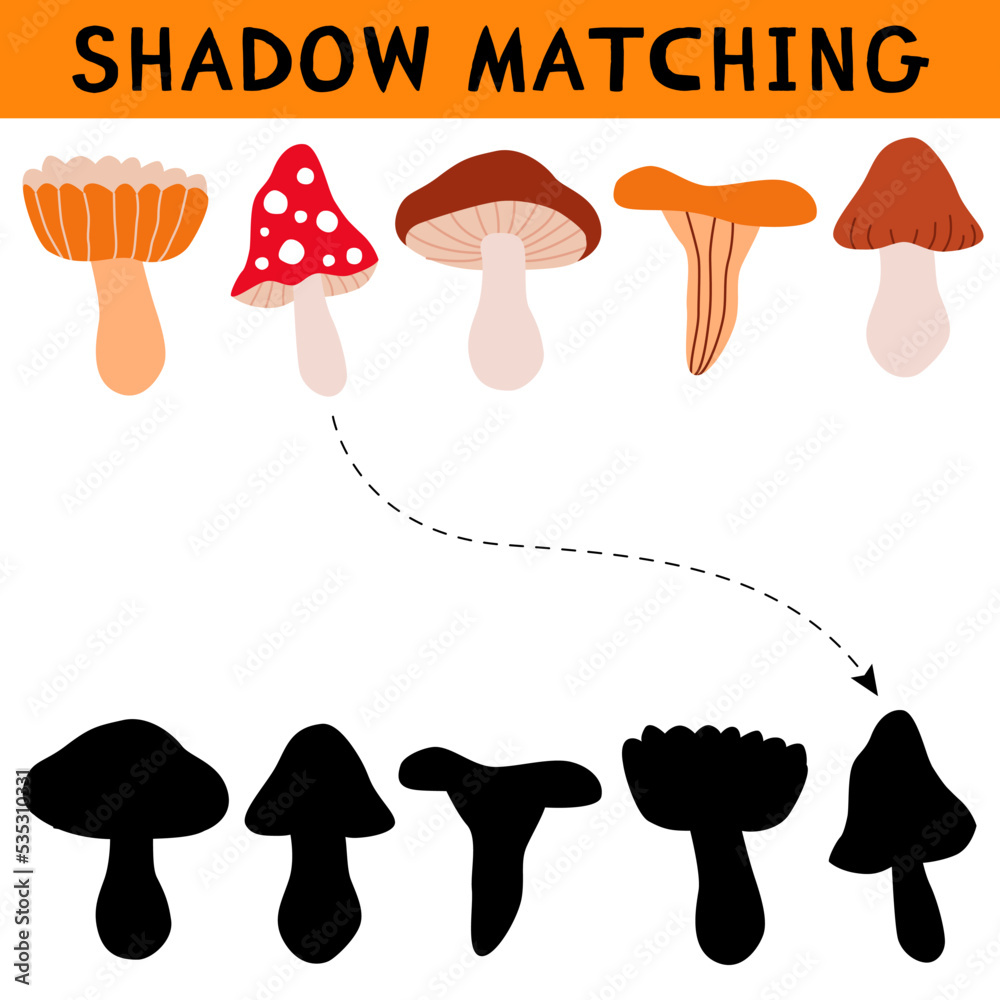Vetor de Cute mushrooms shadow matching activity for children. Simple ...