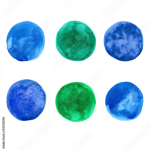 Set of green and blue watercolor rounds. Simple hand drawn elements in cold colors for design poster, card, packing, invitation.