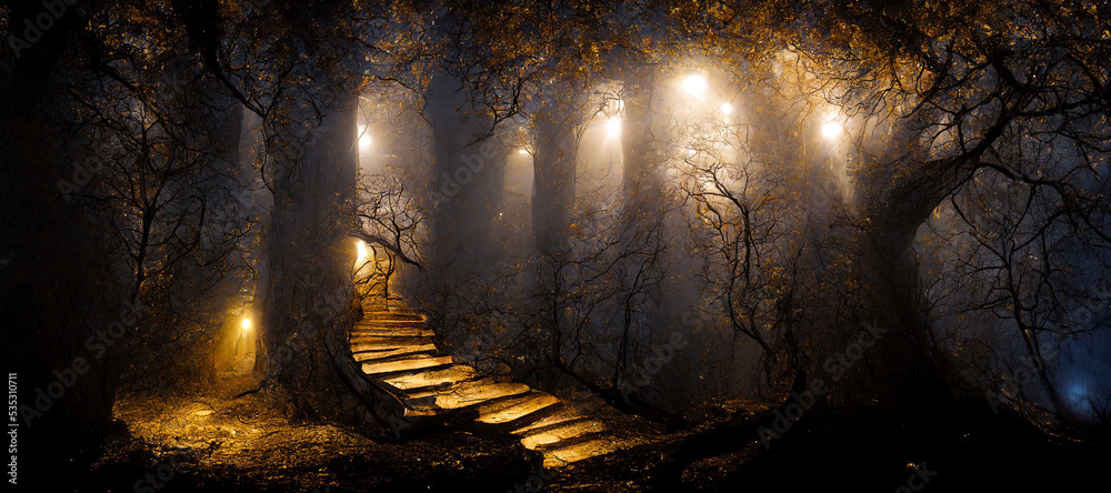 wallpaper fairy tale stairs in dense forest, Generative AI
