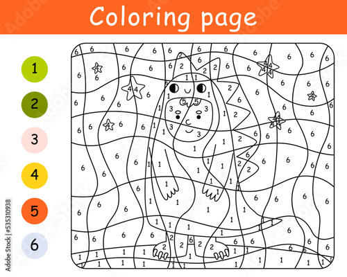Color by number game for kids. Child in costume dinosaur. Halloween party. Printable worksheet. Coloring page.