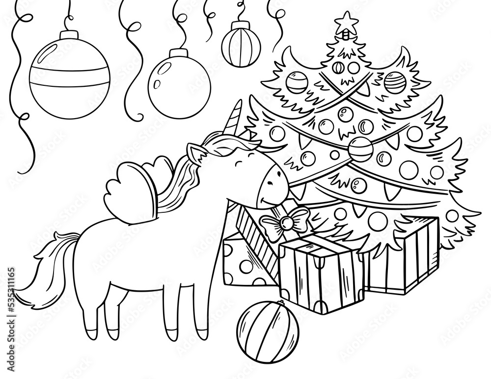 Christmas coloring book page. Unicorn with Christmas tree coloring book ...